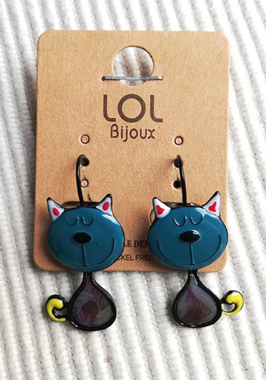 Lol -Boucles d'oreilles chat, tête de chat bleu pétrole, rouge foncé  bordeaux
