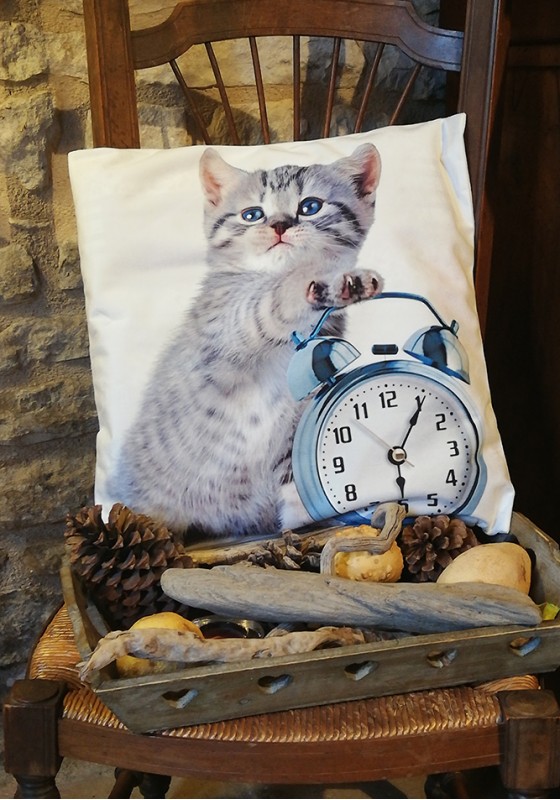 Housse De Coussin Chaton Avec Reveil Imprimee En Sublimation Sur Tissu Suedine